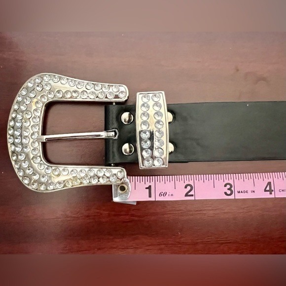Black Belt Women's Silver Accents‎ Large Rhinestones Buckle 37 1/2 Western - Picture 7 of 9